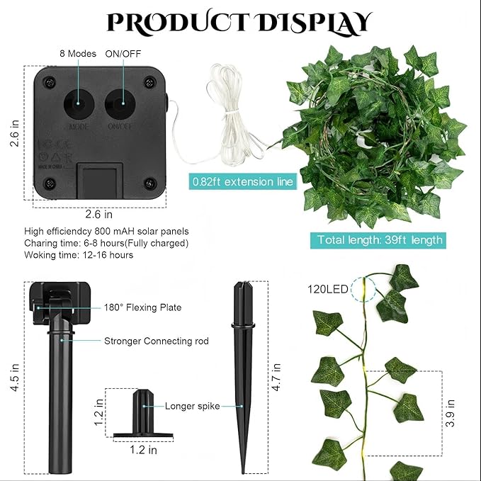 Outdoor Solar Fairy Lights, 39.3ft Ivy Fairy Lights with 120 LED String Lights, Solar Vine Lights Outdoor Weatherproof, 8 Modes Leaf Light for Garden, Balcony, Patio, Room Decoration