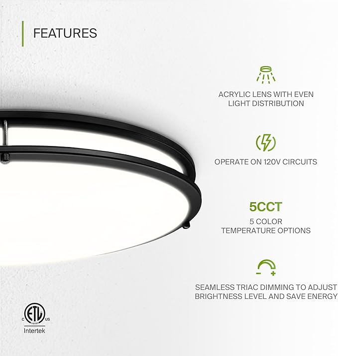 ASD LED 24" Oval Flush Mount Lighting, Close to Ceiling Light Fixture | 5CCT, Dimmable, ETL Listed | 38W 3289LM 2700-5000K 120V | Low Profile Double Ring Lamp | Black, 2 Pack