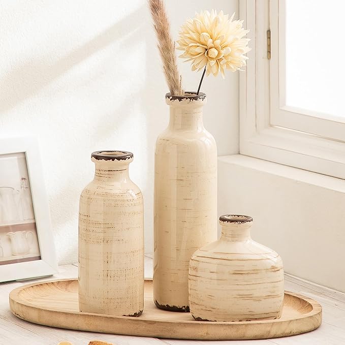 Ceramic Vase Set of 3 White - Ice Creak Bud Vases Set for Flower Centerpieces Decor - Vintage Samll Vase for Pampas Grass - Modern Decoration for Home Farmhouse Table Office, Mini Vase by Lyeec