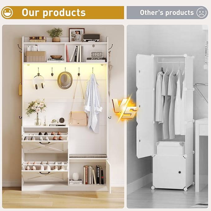 Maupvit Entryway Hall Tree with Bench and Shoe Storage, 5-in-1 Narrow Hall Tree with LED Light, Cushioned Stool & 9 Hooks, 2 Flip Drawers, 78" Coat Shoe Rack for Mudroom, Hallway, Living Room, White