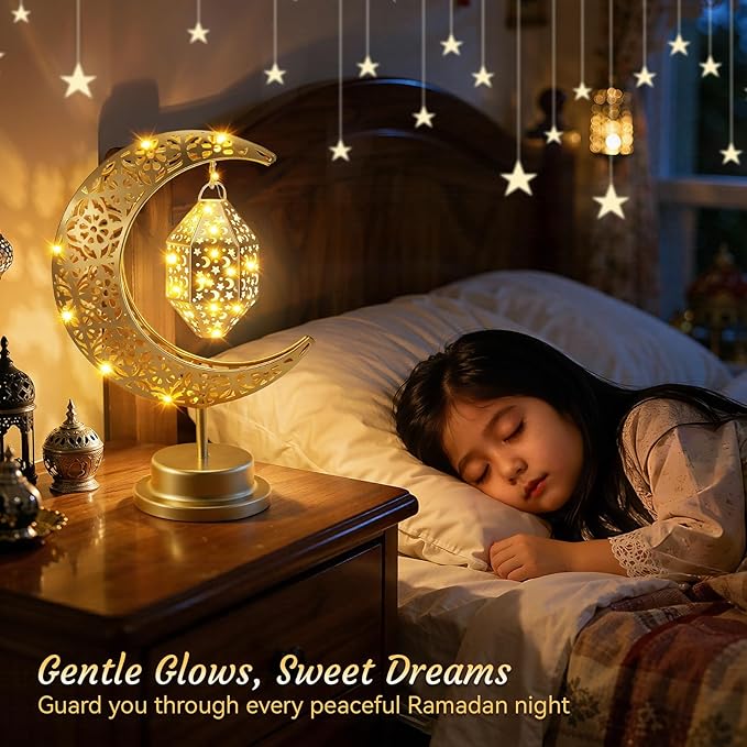 Lewondr Ramadan Moon Lamp, Crescent Moon with Ramadan Lantern, Battery Powered Gold Desk Lamp Decorations Crescent Table Light Bedside Night Stand Desktop Living Room Home Decor, Eid Mubarak Decor