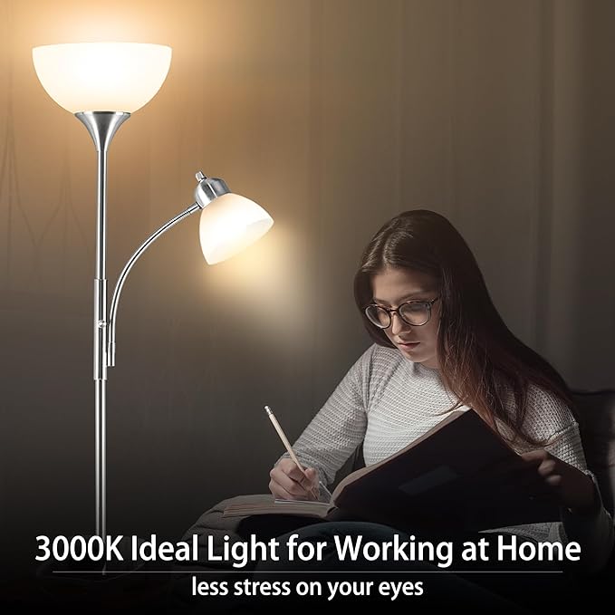 Floor Lamp, Dimmable Standing lamp, Stepless Dimming Brightness, Included 9W and 5W LED Bulbs, Industrial Floor Lamp for Living Room, Bedroom, Office, Reading