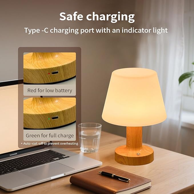 Operated Table Lamp 3000mAh Cordless Rechargeable, Touch Dimmable Desk Lamp, LED Night Light for Patio Camping Restaurant Home, H8.7in, Wood Grain