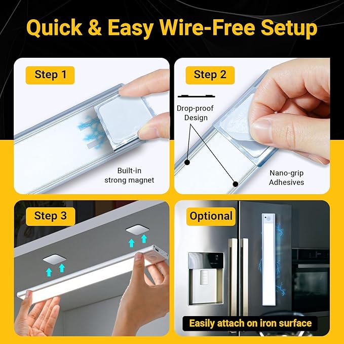 2 Pack Under Cabinet Lights 1500mAh, 40 LED Dimmable Closet Lights with 3 Adjustable Color Temperature, Rechargeable Battery Operated Motion Sensor, Under Cabinet Lighting for Kitchen,Closet (8 Inch)