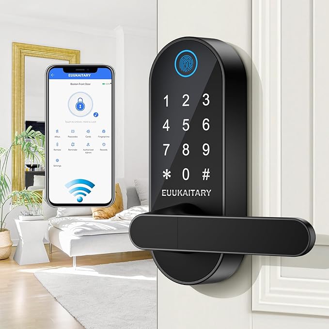 Fingerprint Door Lock, Keyless Entry Door Lock, Smart Lock with Handle for Front Door and Bedroom, WiFi Remote Control, Electronic Digital Keypad with Knob, Auto-Lock