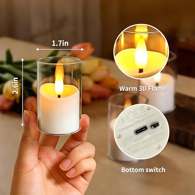 Rechargeable Flameless Candles with Timer Remote, 1.7"x2.6" Clear Acrylic LED Tea Lights Candles，Small Votive Electric LED Candles for Home Aniversary Wedding Holiday Decor(6 Pack)