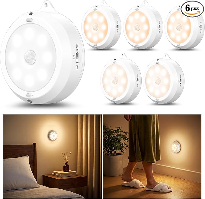 YiaMia Motion Sensor Under Cabinet Lights - 6 Pack, Indoor Smart Sensor Night Light, 3 × AA Battery Operated Wireless Stair Light, Dimmable Puck Lights Suitable for Kitchens, Wardrobes, Hallway