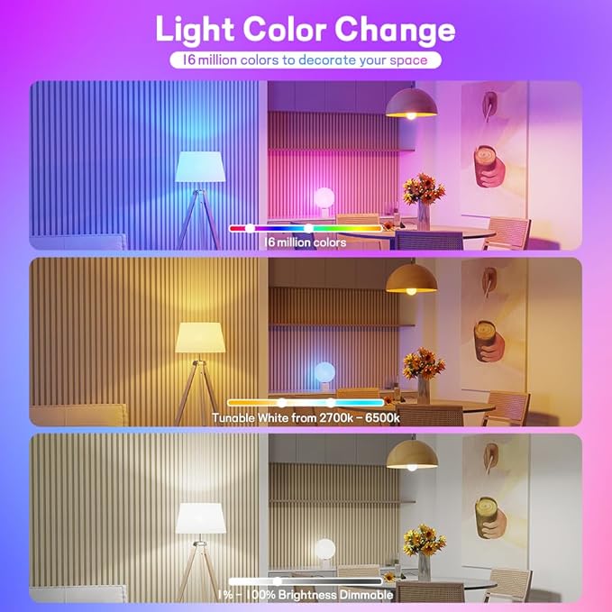 Smart Light Bulbs,Full Color Changing Dimmable LED Bulb,Compatible with Alexa and Google Assistant,UL FCC Certified,2.4GHz WiFi+Bluetooth LED Light Bulbs, Music Sync Smart Home Lighting (8)