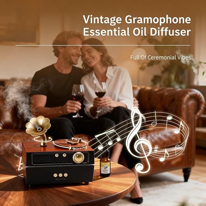 Daroma Essential Oil Diffuser, Retro Phonograph Design with Music Player, 7-Color LED Lights, Low-Noise Aromatherapy Humidifier for Home Office, Unique Gift Idea (Black)