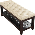 LOULENS 44'' PU Leather Tufted Storage Ottoman, Modern Upholstered End of Bed Bench, Comfortable Entryway Bench with Wood Legs, Accent Footrest for Living Room, Ivory