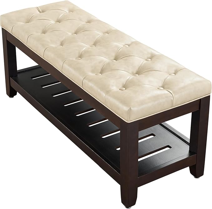 LOULENS 44'' PU Leather Tufted Storage Ottoman, Modern Upholstered End of Bed Bench, Comfortable Entryway Bench with Wood Legs, Accent Footrest for Living Room, Ivory