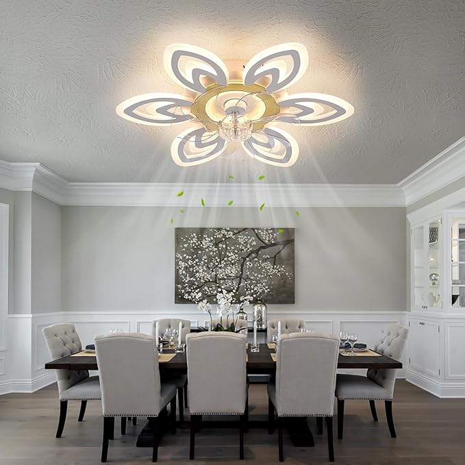 Snowflake Modern Ceiling Fan with Light and Remote, Low Profile Ceiling Fans with remote, 26 Inch Flush Mount Ceiling Fan with 3 Light Color 6 Speeds, Fandelier Ceiling Fan for Kitchen Bedroom-White