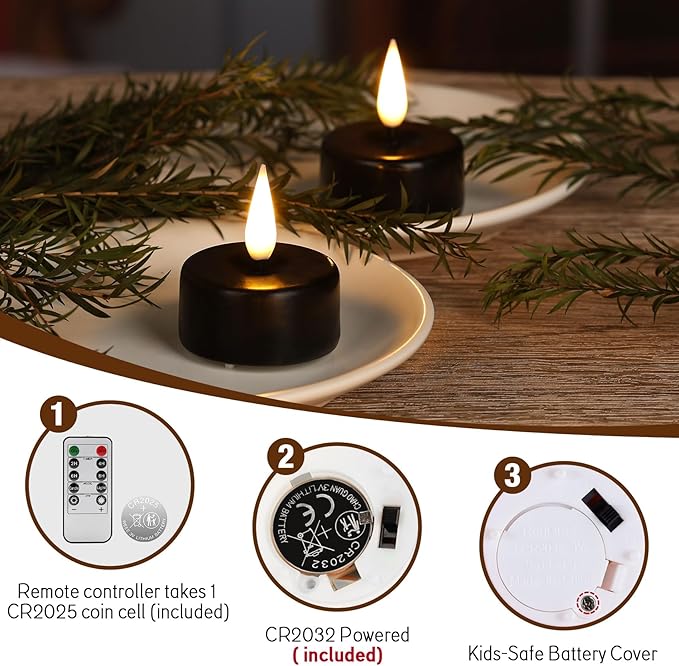 Eywamage Black Flameless Tealights with Remote Batteries, Real Wax Flickering LED Tea Votive Candles Set of 10