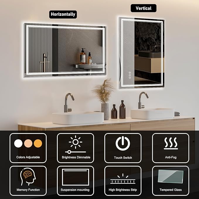 72x40 Inch LED Bathroom Mirror with Frontlit & Backlit（Independent Control）, Lighted Mirror for Bathroom Wall with 3-Color Dimmable & Anti-Fog, Vanity Mirror with Lights