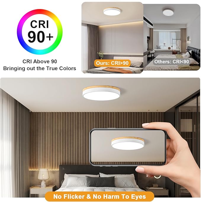 Modern Dimmable Wood Ceiling Light, White Round LED Flush Mount Ceiling Lighting Fixtures, Minimalist Ceiling Lamp for Kitchen Bedroom Laundry Room Living Room Entryway Hallway&15.74 in