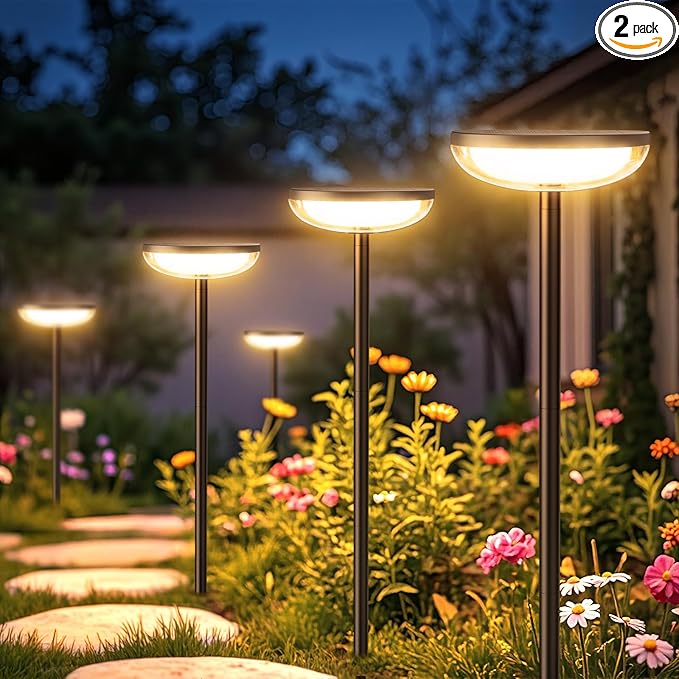 Tall Solar Pathway Lights Outdoor, 2 Pack Solar Garden Lights Outdoor Waterproof Bright Up to 15Hrs, Round Garden Light for Yard Flower Bed Patio Path Walkway Driveway Outside Decor