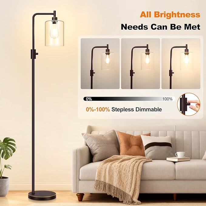 【Upgraded】Dimmable Floor Lamp for Living Room with Glass Lampshade, Brown and Gold Modern Floor Lamp with 900LM LED Bulb Included, Bright Standing Tall Lamp for Bedroom, Office, Reading Room, Corner