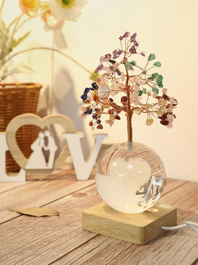 Crystal Tree of Life for Positive Energy, 7 Chakra Healing Tree with Multicolor Night Light for Home, Office, Desk Decor, Unique Birthday Gift for Women Girl (3D Heart)