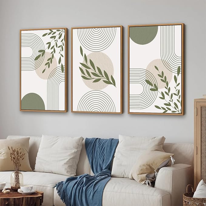 YeeHomedec Boho Sage Green Framed Canvas Wall Art, Mid Century Modern Wall Decor, Large Minimalist Art Print, Abstract Geometric Leaf Art Painting for Bathroom Living Room Bedroom Office 16"x24"x3