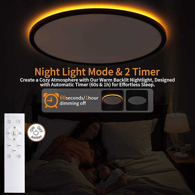Flush Mount Ceiling Light with Night Light, 19in LED Ceiling Lights with Remote Control, 1800K Nightlights & 3000-6500K Dimmable Lamp Fixture, 45W 4500LM Low Profile for Bedroom, Black