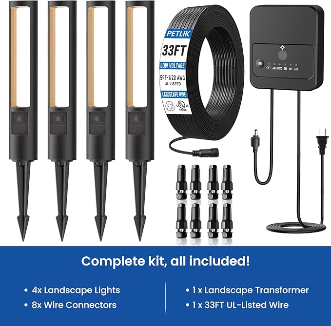 All-in-One Low Voltage Landscape Lighting Kit, 4-Pack Pathway Lights with Transformer Dusk to Dawn Outdoor Lighting 5CCT, IP66 Waterproof Landscape Lights with Connectors 100FT Wire for Patio