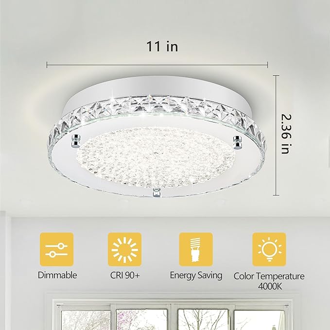 Crystal Ceiling Light Flush Mount Light Fixture Modern LED Ceiling Lamp for Foyer, Bedroom, Bathroom, Closet, Dimmable, 11 Inch, 18W