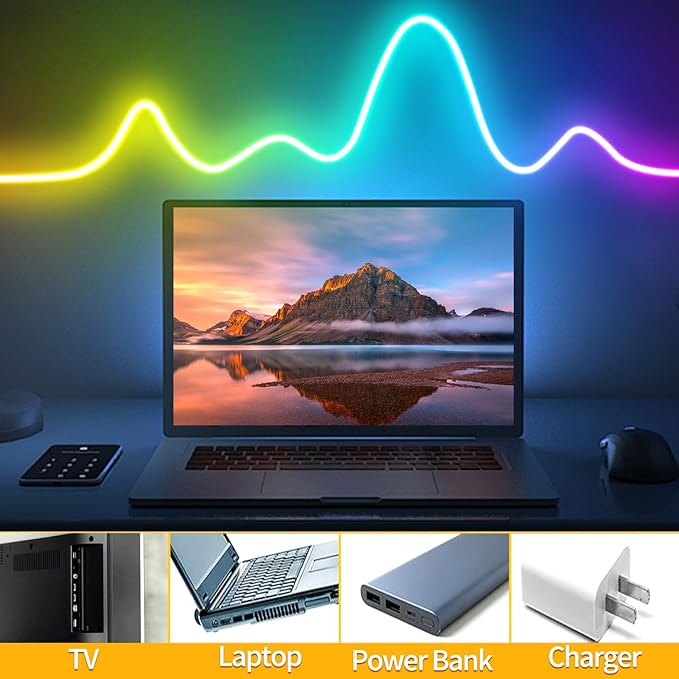 YeewhaleNeon Rope Lights，10ft RGB LED Strip Lights with App Control,Music Sync Flexible DIY Design 5V Neon Lights for Bedroom,Living Room,Gaming,and Party Decoration(with Adhesive Backing)