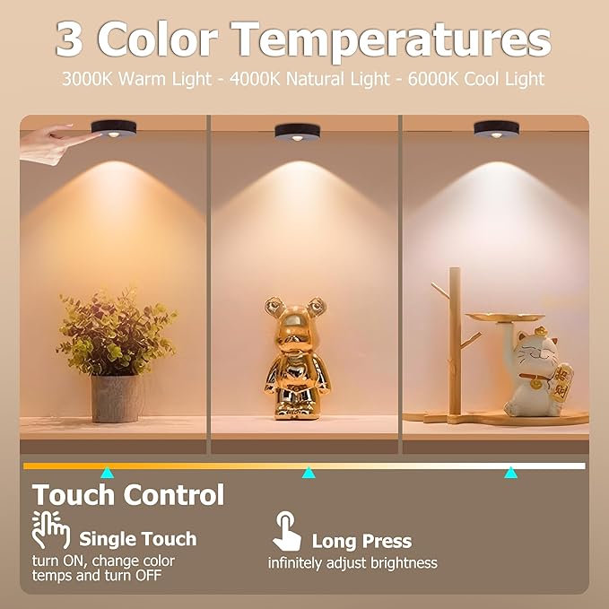 Rechargeable Puck Lights, 3 Color Temp & Dimmable Under Cabinet Lighting, Magnetic Battery Operated Closet Light, No Wiring Needed, 2W, 70 Lumens (5 Pack, Woodgrain)