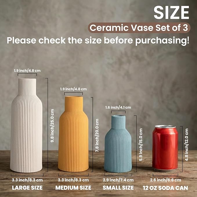 Colorful Ceramic Vases Set of 3 (White, Yellow, Blue) - Modern Matte Ribbed Color-Block Vases for Dried Flowers - Scandi Boho Decor Centerpieces for Living Room & Shelf