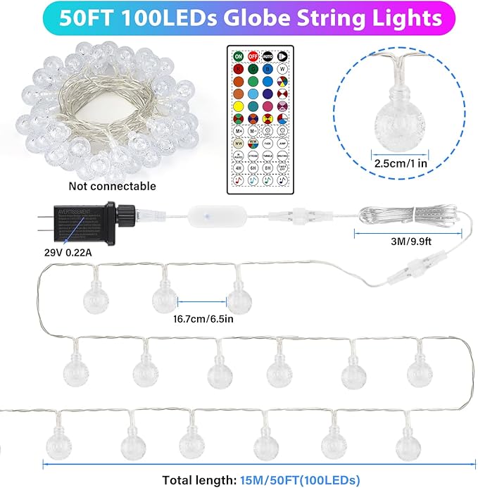OMIKA 50FT 100LED Outdoor String Lights Plug in, APP & Remote Control Smart Crystal Globe Lights, Dimmable RGB & Warm White Patio Lights with Timer, Music Sync for Christmas Garden Party