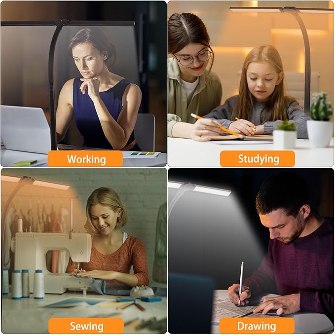 LED Desk Lamp for Home Office,Dimmable Computer Light with Clamp,24W 5 Color Double Head Study Lamp with Adjustable Flexible Gooseneck for Workbench Reading Drafting Monitor