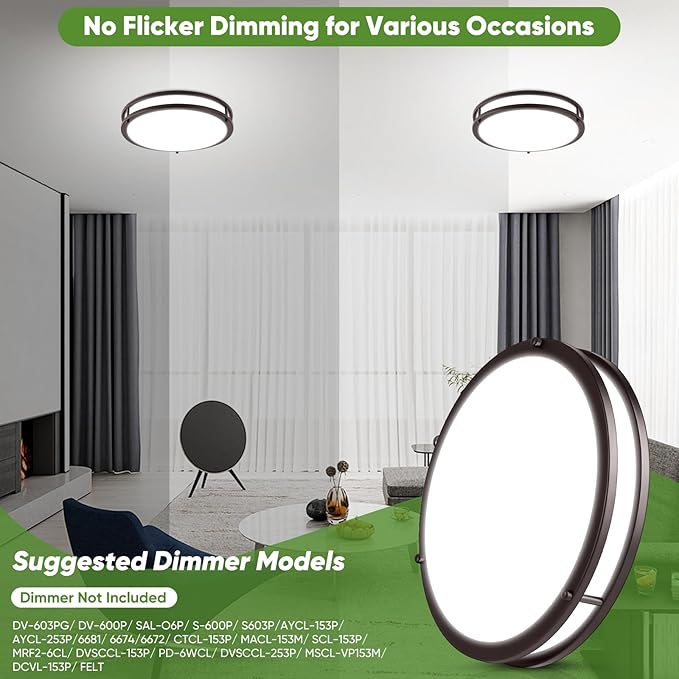 2-Pack 36W LED Ceiling Lights, 12inch Oil-Rubbed Bronze Flush Mount Light Fixtures 3600LM 2700K/3000K/4000K/5000K/6500K Adjustable Ceiling Lights, Modern Dimmable Lighting for Kitchen Hallway Bedroom