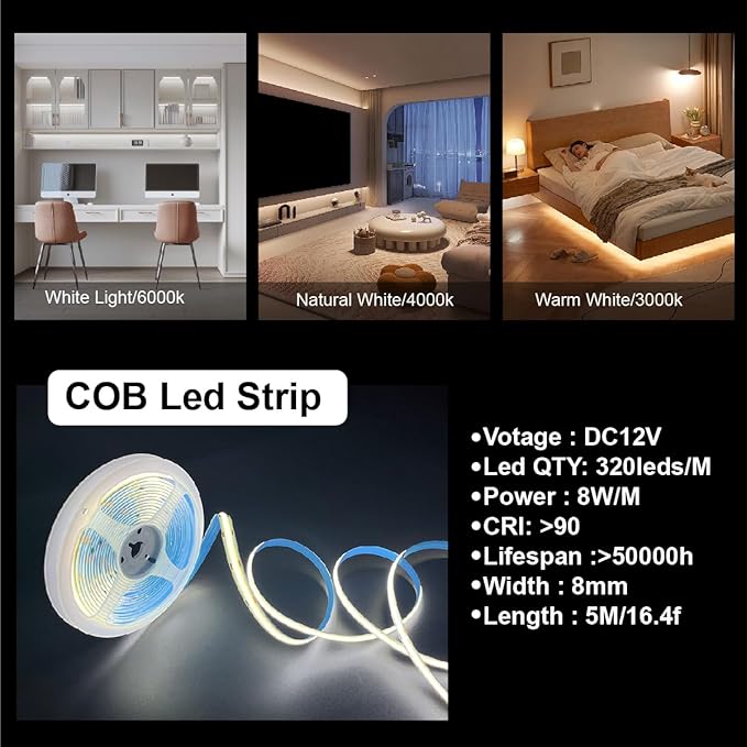 HAMRVL Natural White COB LED Strip Lights,16.4ft 4000K DC12V Dimmable LED Light Strip with 1600 LEDs,Touch Dimmer,12V Adapter,Flexible Super Bright Indoor COB LED Lights for Living Room,Shelf,Cabinet