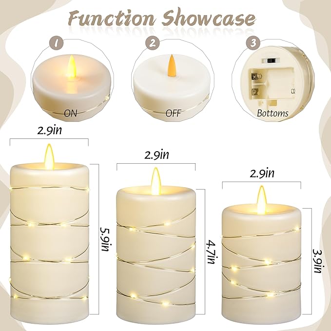 Flickering flameless Candles, Battery-Powered, with String Lights, Remote Control, Timer, Realistic Plastic Pillar Candles, Ivory White, Set of 3, Durable.