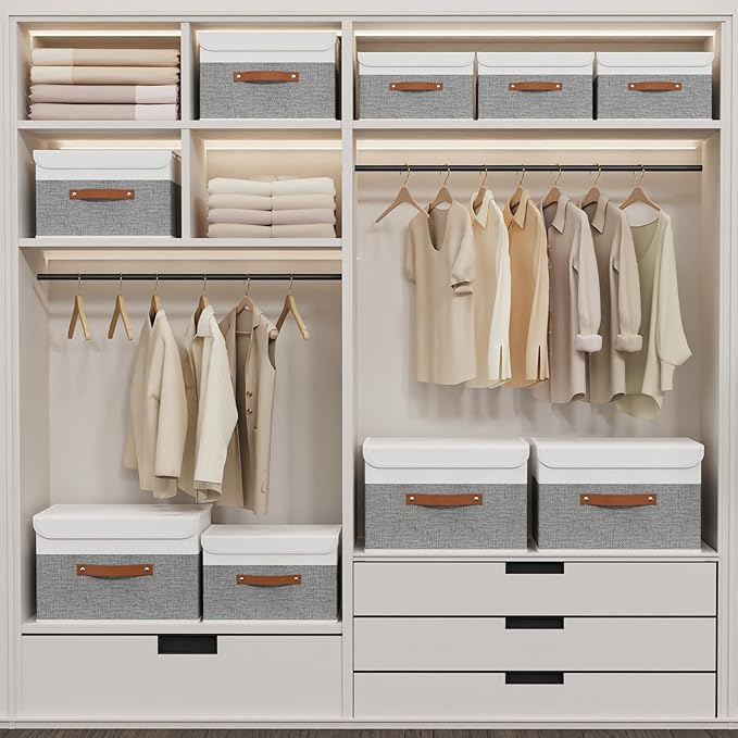 Yawinhe Storage Bins with Lids, Fabric Foldable Boxes, Washable and Leather Handle, Cube Organizer Basket for Home, Closet, White/Grey, 17.7''Lx11.8''Wx11.8''H, 3-Pack, USNK024WGX-3