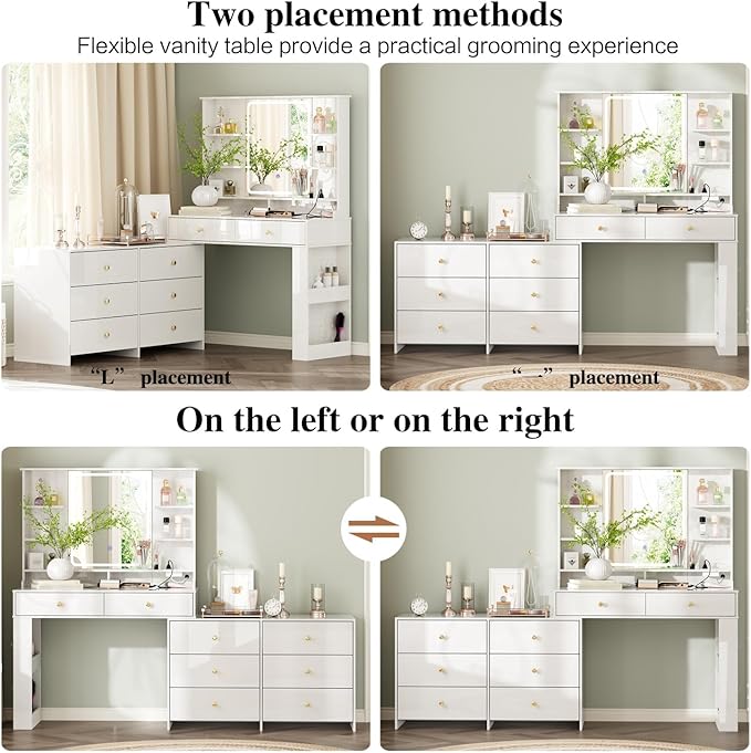 Makeup Vanity Desk with Mirror and Lights, Vanity Desk with 8 Drawers & Storage Shelves, Vanity Table with Power Outlet, 3 Color Modes & Adjustable Brightness Dressing Table, Bedroom,White
