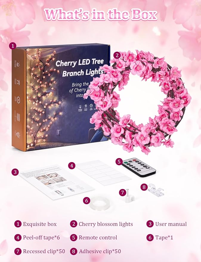 5.91 FT 96 LED Cherry Blossom Lights for Room Wall Decoration,Cherry Blossom Decor,2026 New Dimmable Light-Up Pink Bedroom Decor with Remote Timer,8 Lighting Modes