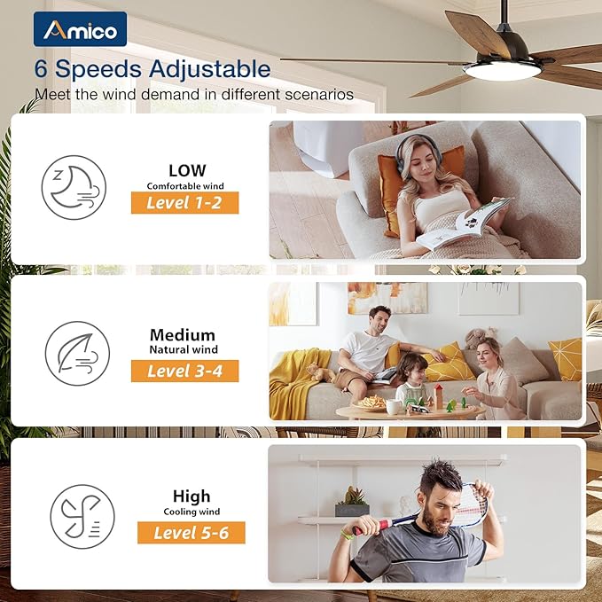 Amico Ceiling Fans with Lights, 60 inch Smart Ceiling Fan with Remote/APP/Alexa Control, Reversible, 5 Blades, 6 Speeds, 3CCT, Dimmable, Noiseless, Wifi Ceiling Fan for Farmhouse, Bedroom, Brown
