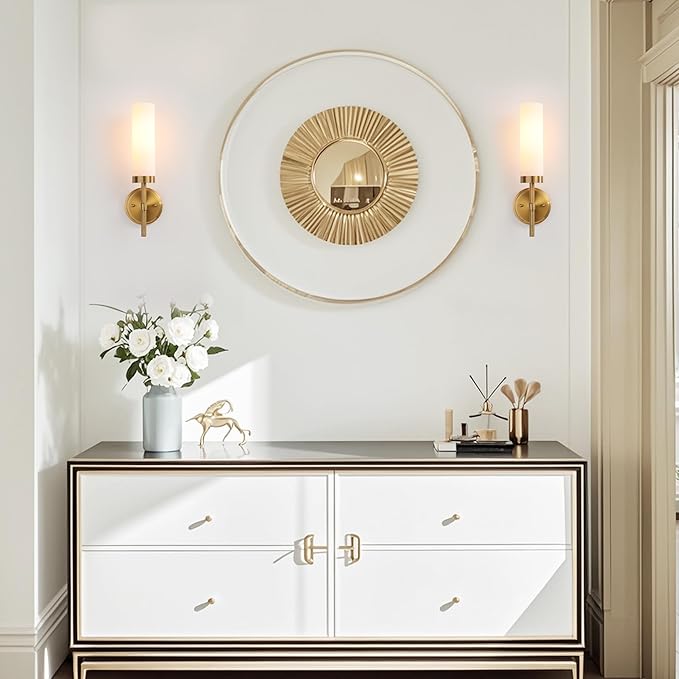 Wall Sconces Set of Two,Brass Gold Bathroom Sconces Wall Lighting with White Glass, Modern Sconces Wall Decor Set of 2 Wall Light fixtures for Bathroom Mirror Living Room Hallway Bedroom Wall Lamp