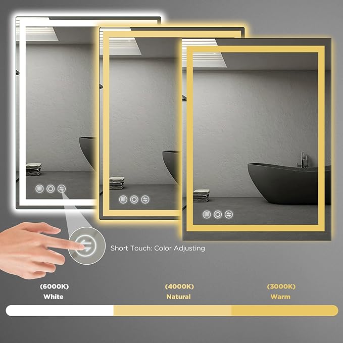Bathroom Mirror, 28"x 36" LED Mirrors with Anti-Fog, Stepless 3 Colors Temperature & Dimmable, Memory Tempered Glass Bathroom Mirrors for Over Sink, Vanity Mirror with Lights
