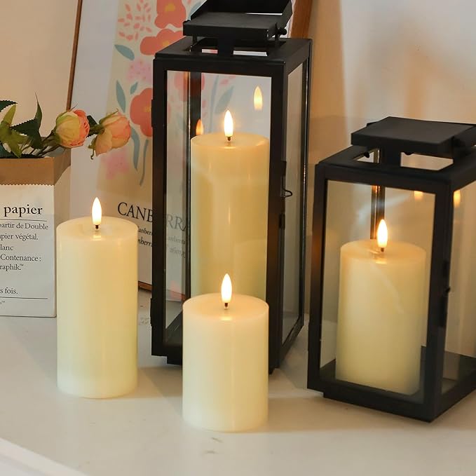 Lezonic Ivory LED Flameless Candles with Remote Timer, 4 Pack Battery Operated Candles Flickering, Grease Design Real Wax Pillar for Wedding Decor, Centerpiece, Birthday Gifts (4/5/6/8 Inch)