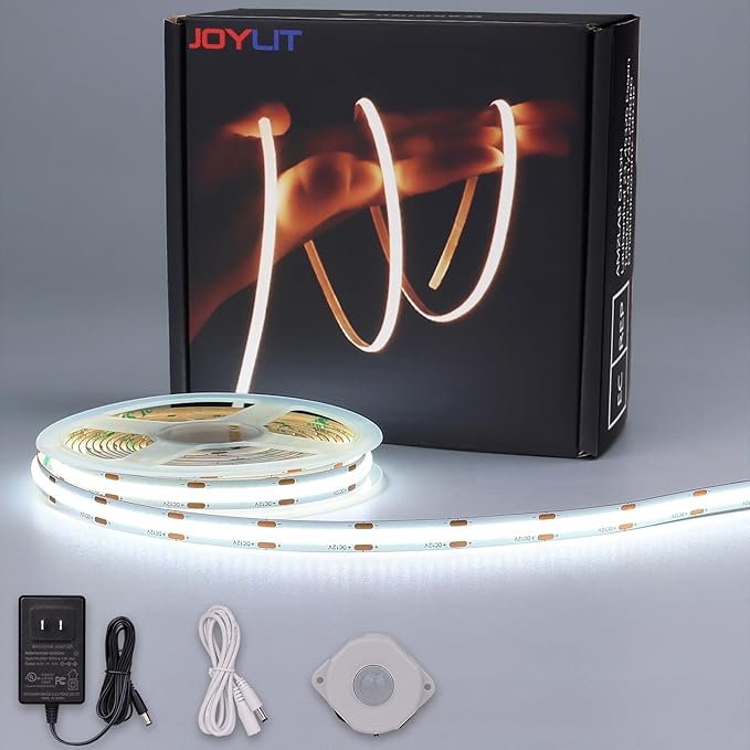 JOYLIT Motion Sensor COB LED Light Strip 16.4FT Cool White 6000K, Movement Activated Auto ON/Off 12V LED Tape 320LEDs/M Bright Uniform, PIR Sensing LED Strip for Stairs, Under Bed, Closet, Cabinet