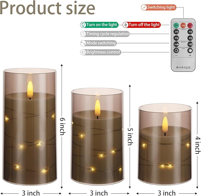 Flickering Flameless Candles with Timer - Durable Acrylic Glass Shell, with Embedded Star String, Battery Operated Candles with Remote for Romantic Ambiance and Home Decoration (Set of 3, Grey)