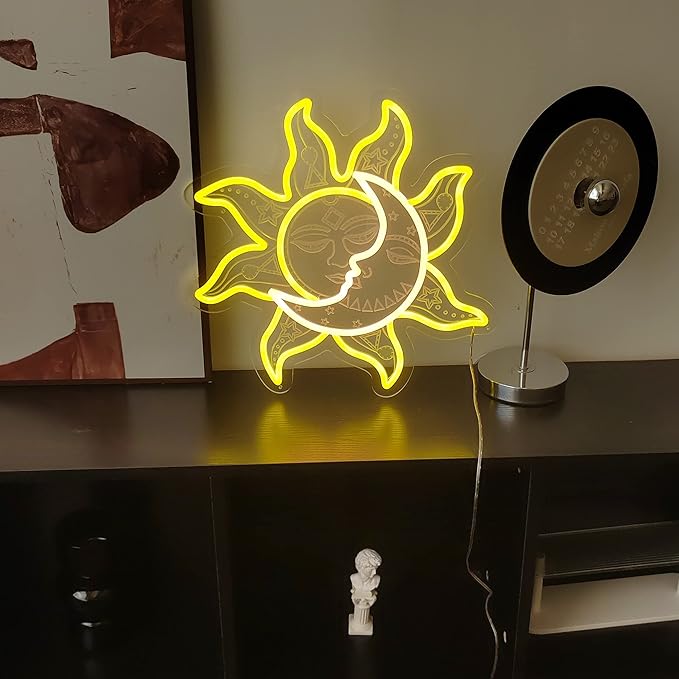 Sun Moon Neon Sign - Retro Vintage Funny Psychedelic Mystic Burning Led Neon Light, Handmade Aesthetic 3D Engraving Night Lamp for Wall Decor Bedroom Birthday Gift Home Party - 15''