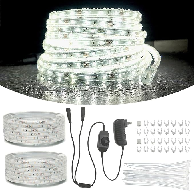 2-Pack 33ft Outdoor Rope Lights Waterproof, Flat & Flexible Led Outdoor Lights, Dimmable Rope Lighting, 12v Rope Light for Outside, Indoor Bedroom, Kitchen, Pool, Backyards