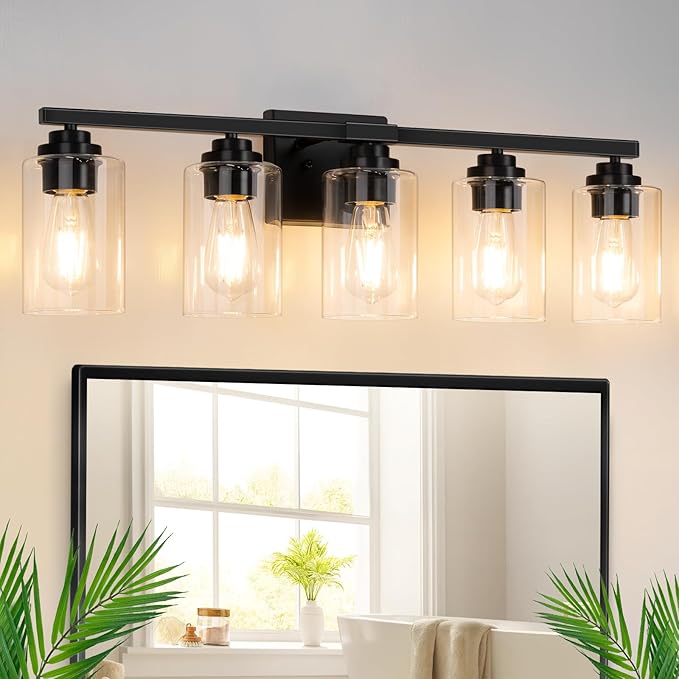 5-Light Matte Black Bathroom Light Fixtures, 31" Modern Vanity Lighting Fixture for Bathroom, Bathroom Vanity Lights Over Mirror with Clear Glass Shades, Wall Lamp for Mirror Living Room Bedroom Porch