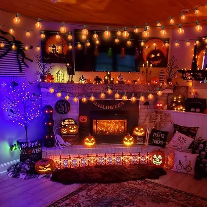 LAMPHOME 4-Pack Globe Outdoor Halloween String Lights, 26FT Patio Lights with 12+1 Edison Shatterproof Bulbs(1 Spare), Connectable Dimmable Orange Lights for Backyard Porch Halloween Decor