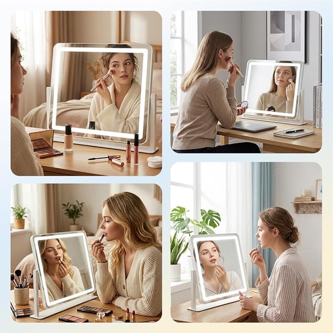 Vanity Mirror with Lights, 17''x22'' Lighted Makeup Mirror, LED Makeup Mirror, Smart Touch with 3-Color Lighting Modes, Dimmable, for Bedroom Tabletop - White
