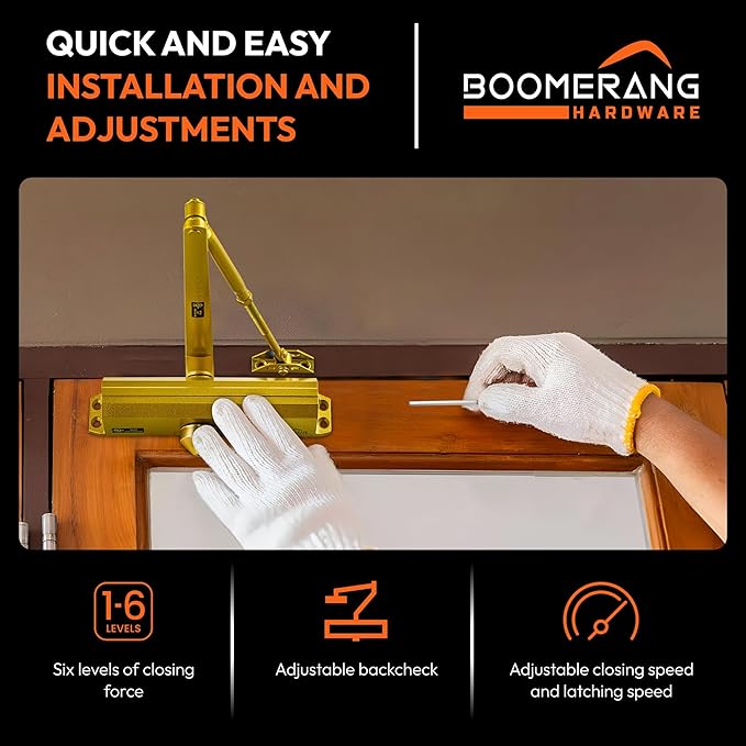 Boomerang Medium/Heavy Duty Automatic Commercial Door Closer -D4016 Surface Mounted, Grade 1- ADA & UL 3 Hour Fire Rated, Adjustable Size 1-6 for Entry & Aluminum Storefronts, Painted Brass/Gold (US4)