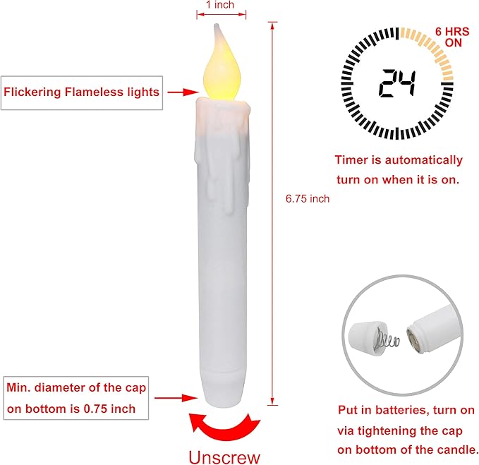 CVHOMEDECO. Flickering Taper Candles LED Drip Flameless Candles, Battery Operated with Timer, White, 6-3/4 Inch, Set of 6